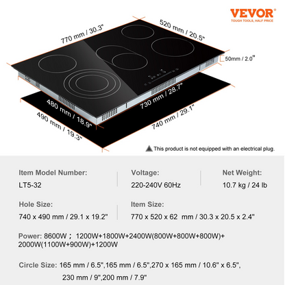 Start2Finish VEVOR built-in electric stove top with 5 burners, glass cooktop, sensor touch control, timer, and child lock.