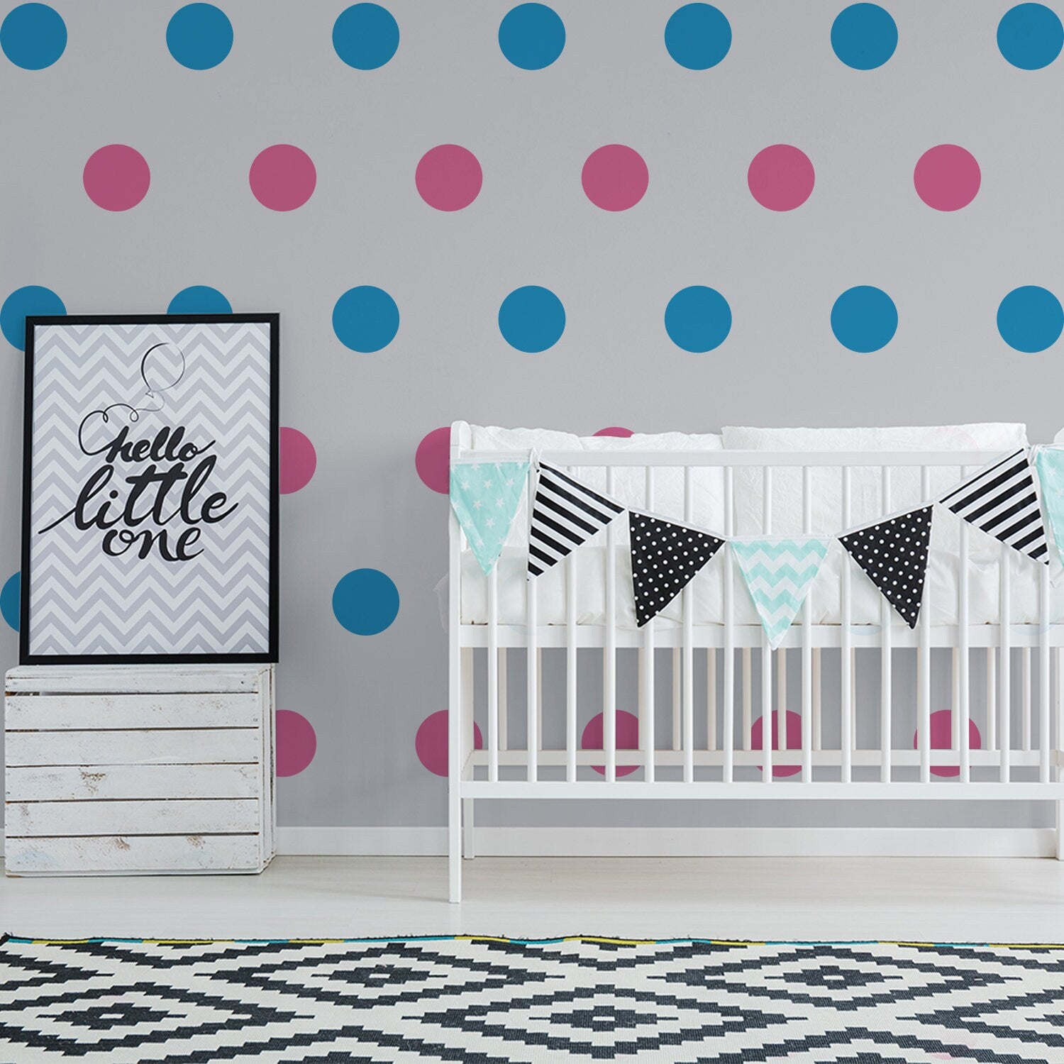 Gold circle wall decals for bedroom or nursery, featuring removable black dot stickers for kids&