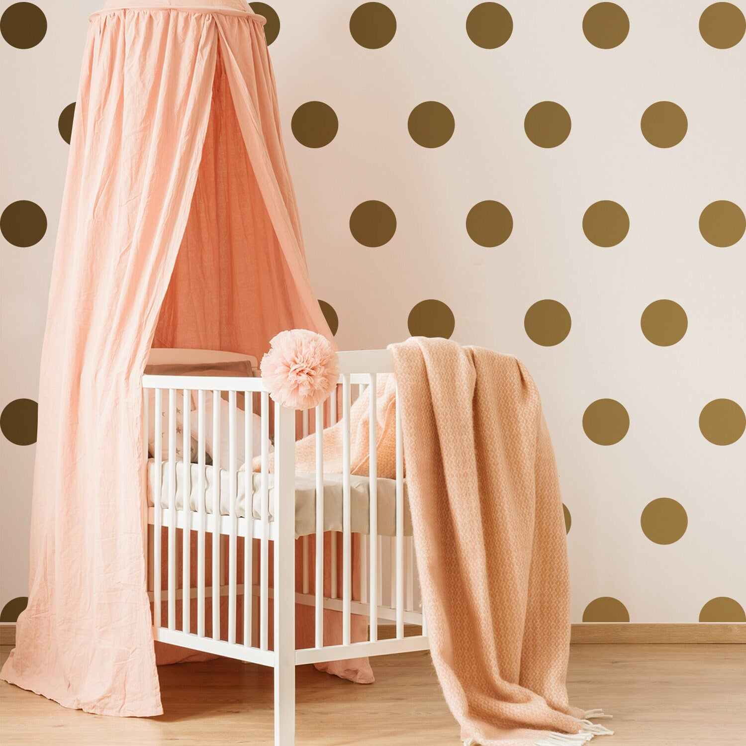 Gold circle wall decals for bedroom or nursery, black removable vinyl stickers with 40 round dot designs for kids’ room decor.