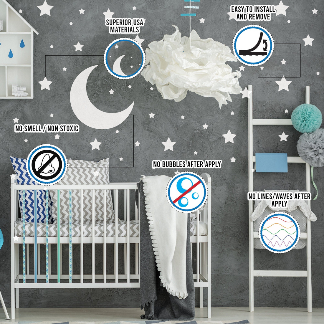 White star wall stickers from Start2Finish, moon decor vinyl decals for boy and girl nursery or kid room decoration.