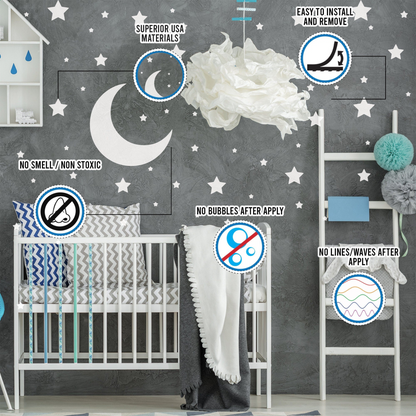 White star wall stickers from Start2Finish, moon decor vinyl decals for boy and girl nursery or kid room decoration.