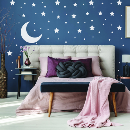 White star and moon wall stickers from Start2Finish, vinyl decals for boy or girl nursery and kid room decor.