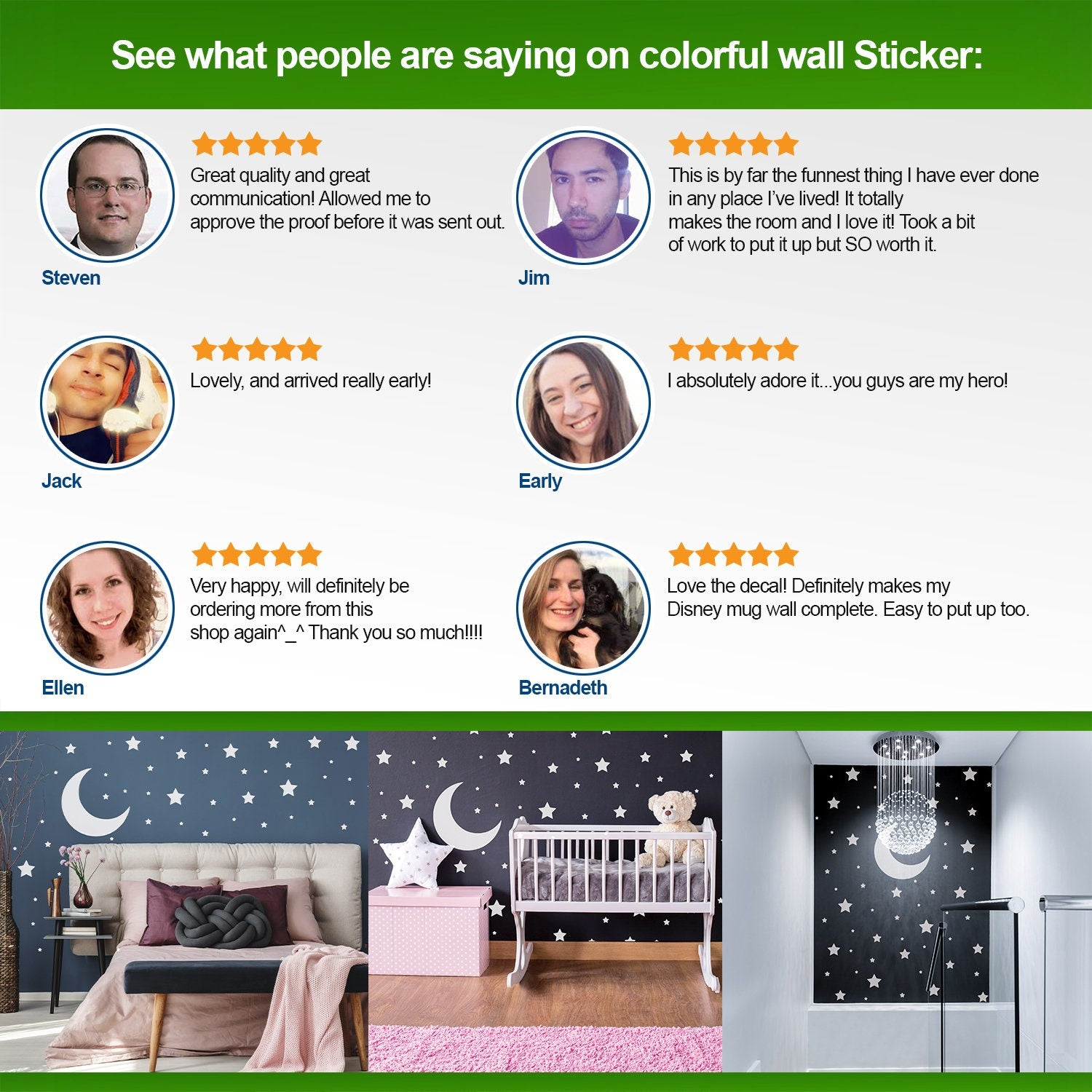 White star wall stickers featuring moon designs from Start2Finish, perfect for nursery or kid room decor.