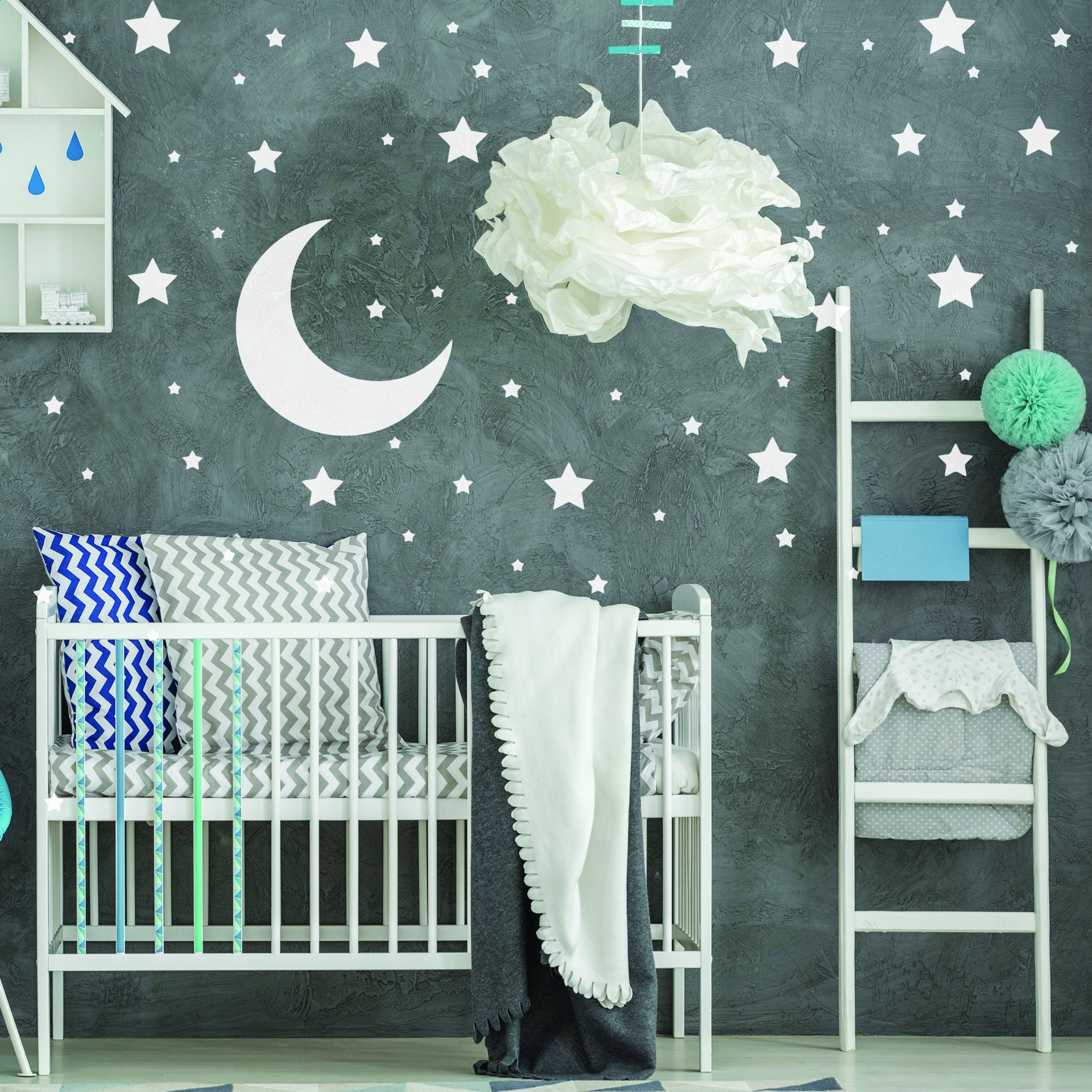 White star wall stickers by Start2Finish, featuring moon decor vinyl decals for boy or girl nursery and kid room decor.