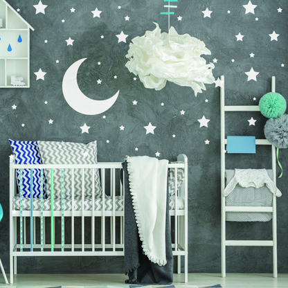 White star wall stickers by Start2Finish, featuring moon decor vinyl decals for boy or girl nursery and kid room decor.