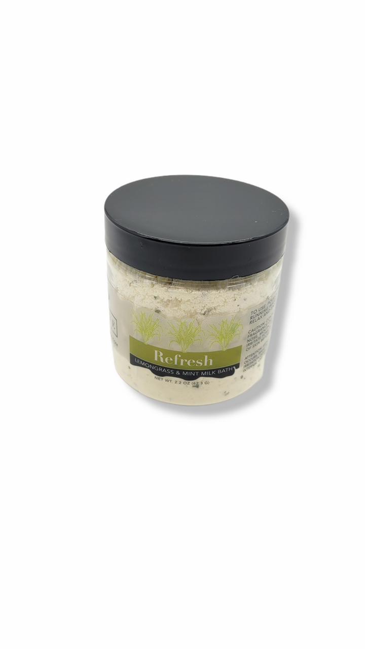 Mini milk bath in Refresh scent with lemongrass and mint by Start2Finish, featuring a clear bottle with a white pump and green accents.