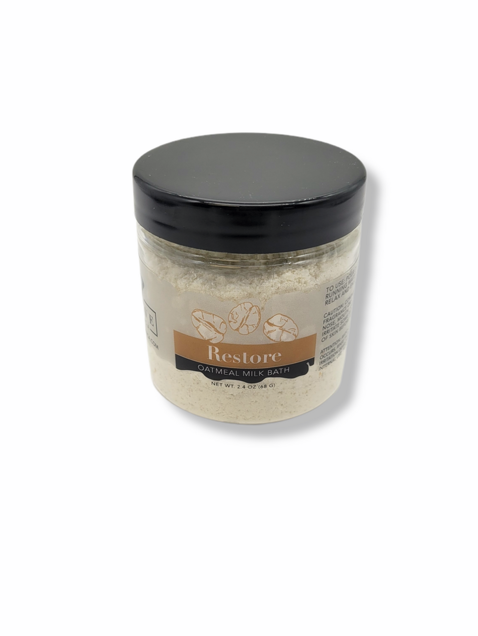 Start2Finish Milk Bath Restore (Oatmeal) Mini for bath and body, featuring a white container with a label and bath salts inside.