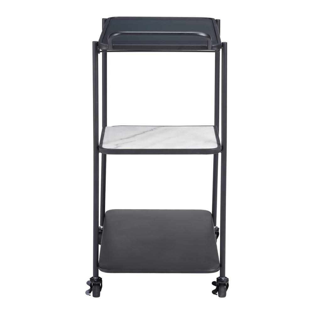 Black Constanza bar cart by Start2Finish with two tiers, metal frame, and caster wheels for easy mobility.
