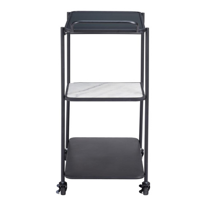 Black Constanza bar cart by Start2Finish with two tiers, metal frame, and caster wheels for easy mobility.