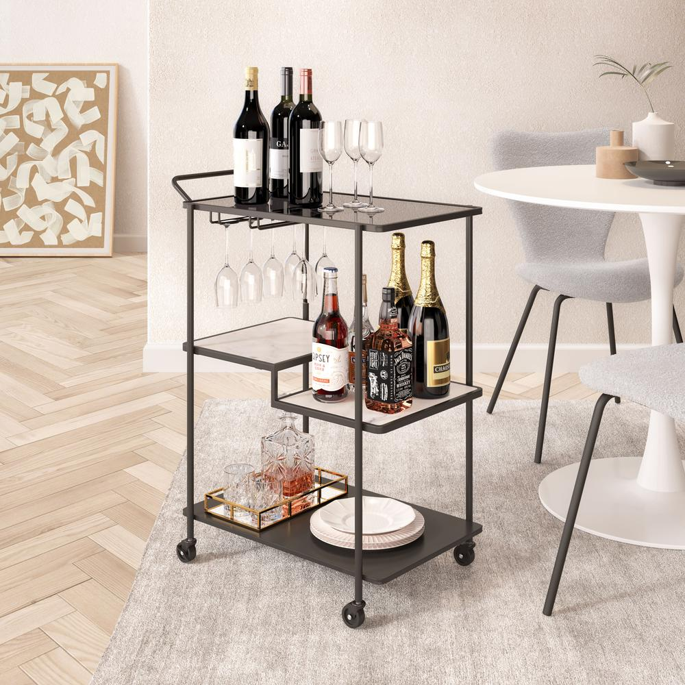 Black Constanza Bar Cart by Start2Finish with metal frame and two-tier shelves for stylish beverage storage and display.