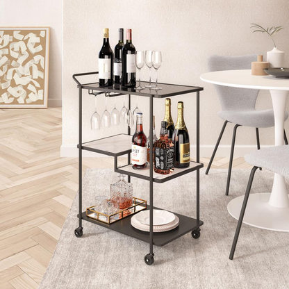 Black Constanza Bar Cart by Start2Finish with metal frame and two-tier shelves for stylish beverage storage and display.