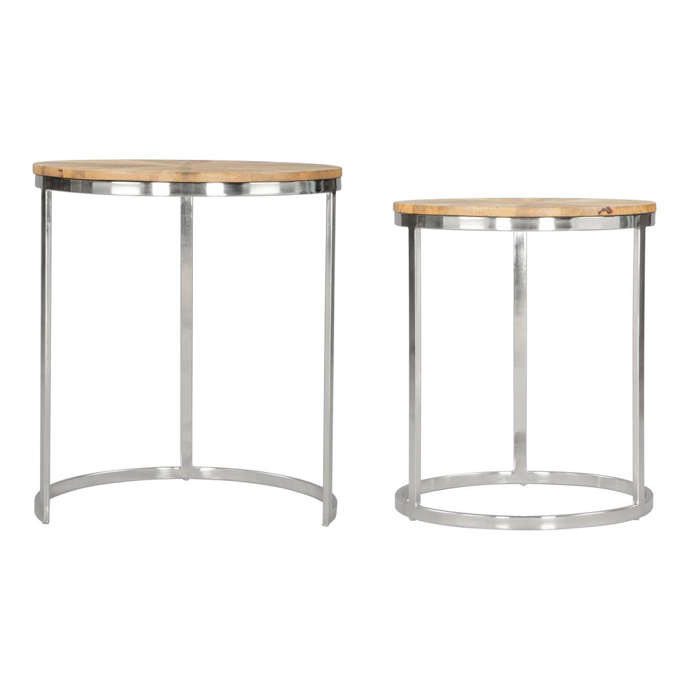 Start2Finish Bari nesting table set with two natural wood tables, showcasing smooth surfaces and modern furniture design.