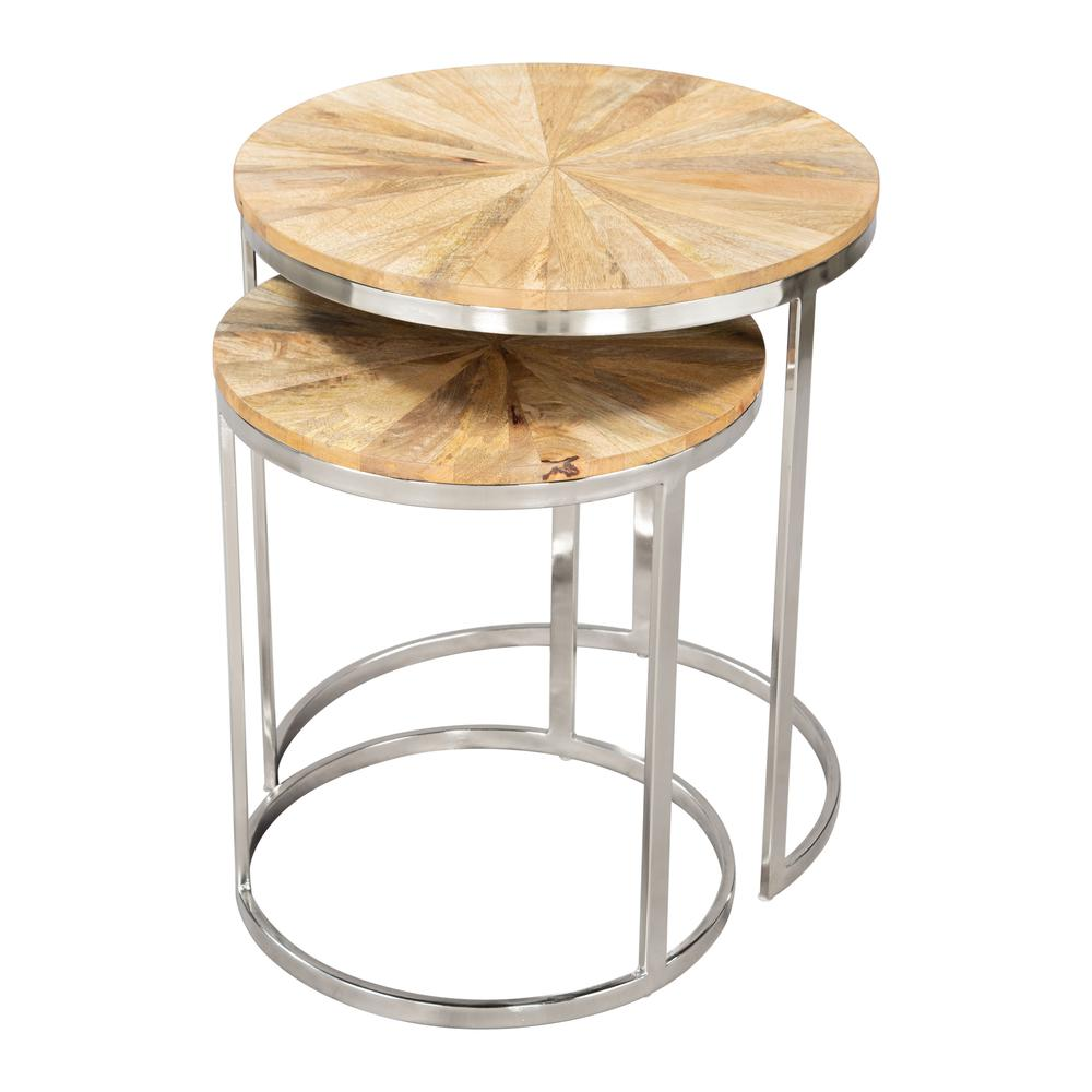 Start2Finish Bari nesting table set with two natural wood tables, featuring sleek, minimalist design for versatile living space decor.