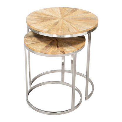 Start2Finish Bari nesting table set with two natural wood tables, featuring sleek, minimalist design for versatile living space decor.