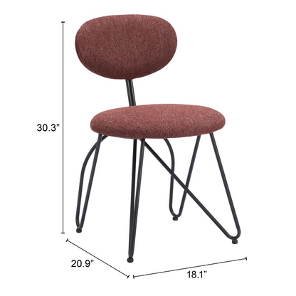 Pair of Novi Dining Chairs by Start2Finish in maroon brown fabric with wooden legs, modern furniture for dining room seating.
