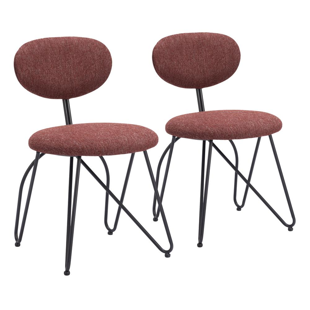 Pair of Novi dining chairs by Start2Finish in maroon brown with wooden legs, showcasing their stylish, comfortable furniture design