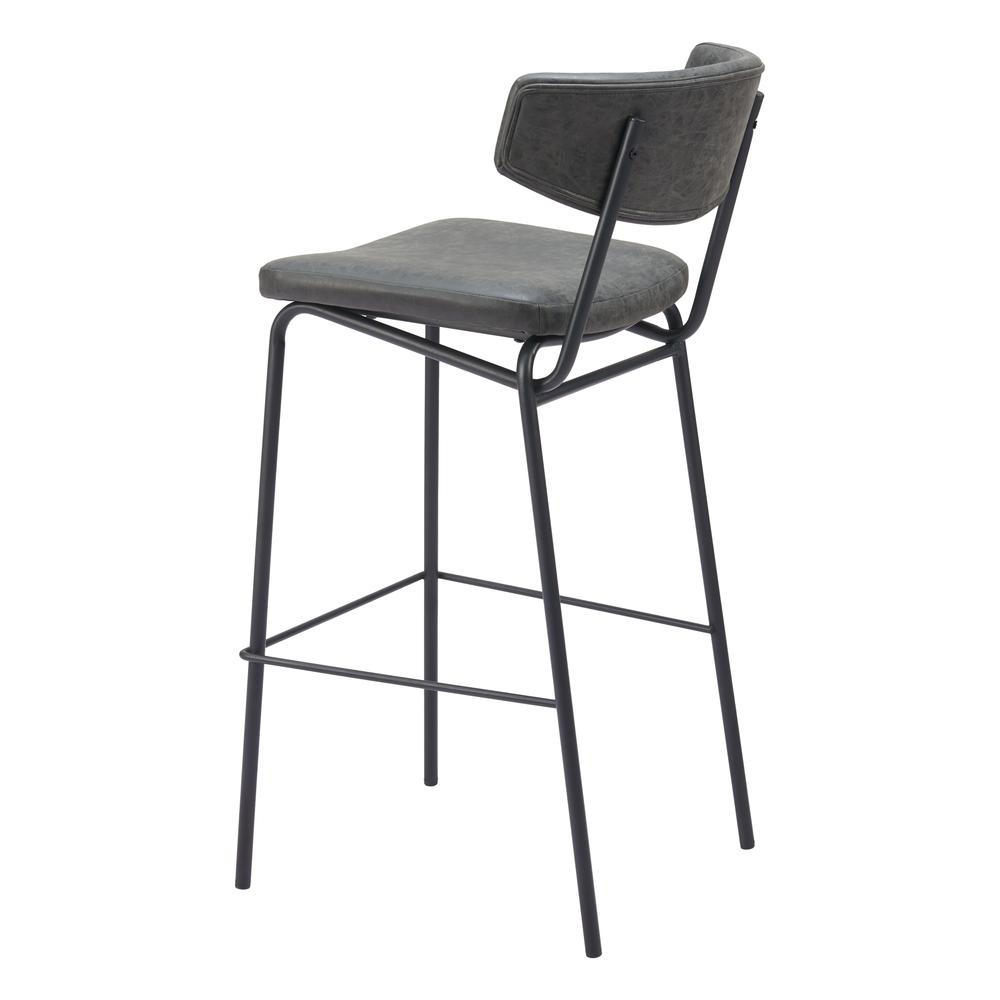 Set of two vintage black Charon barstools by Start2Finish with sleek metal legs and padded seats, ideal for modern kitchen or bar area.