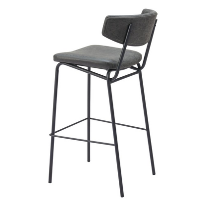 Set of two vintage black Charon barstools by Start2Finish with sleek metal legs and padded seats, ideal for modern kitchen or bar area.