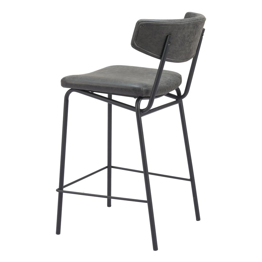 Pair of vintage black Charon counter stools by Start2Finish, featuring metal frames and wooden seats for modern kitchen or bar area.