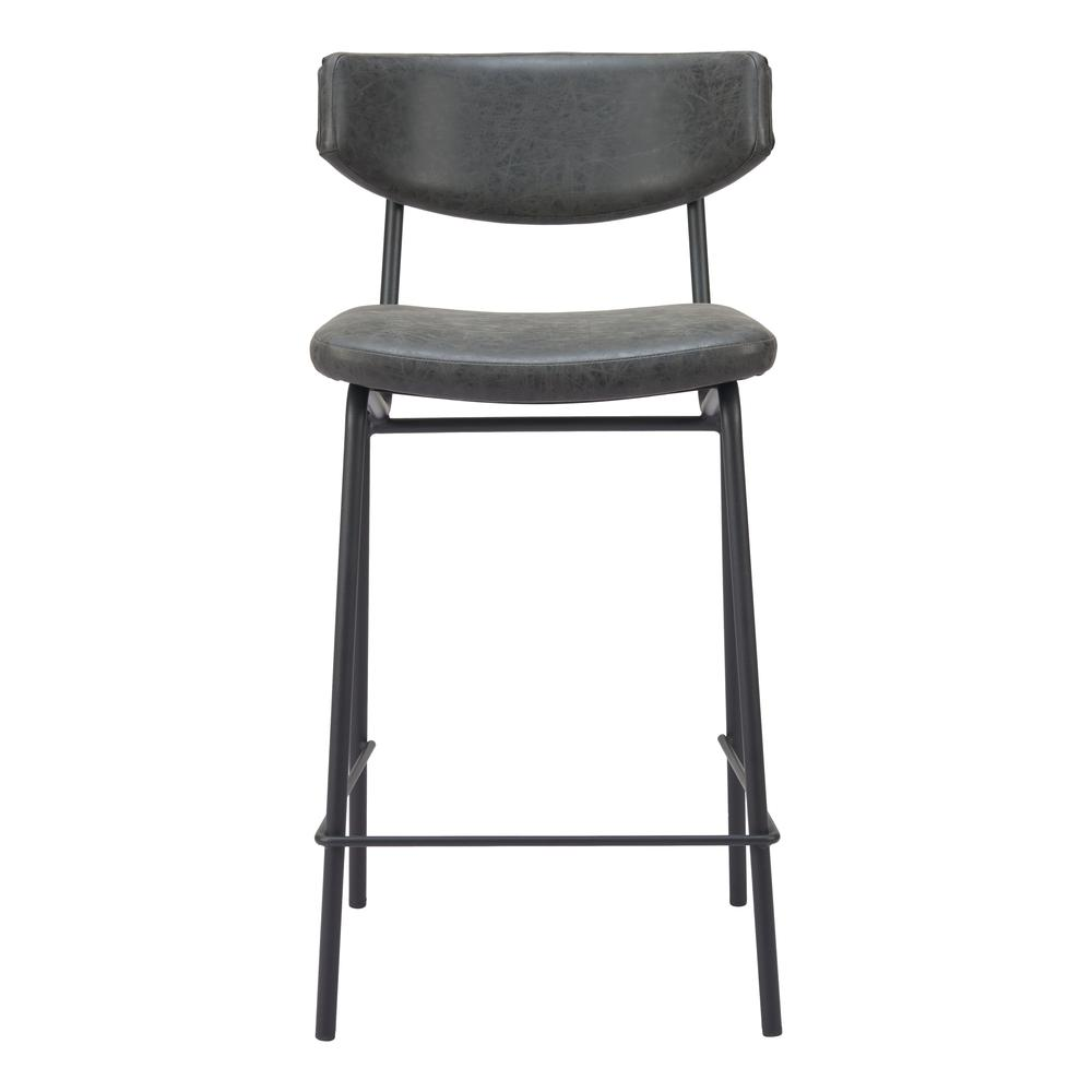 Pair of vintage black Charon counter stools from Start2Finish with metal legs and wooden seats, ideal for kitchen or bar area.