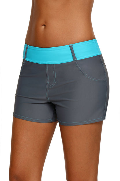 Lavender Pallas mint waistband faux denim sports shorts for women, featuring a casual fit and stylish design.