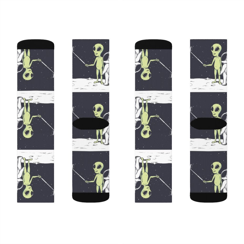 Yellow Pandora Funny Alien Selfie Socks featuring colorful alien character design on soft, playful socks for casual wear.