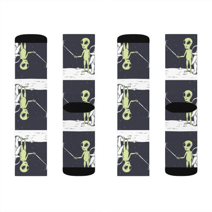 Yellow Pandora Funny Alien Selfie Socks featuring colorful alien character design on soft, playful socks for casual wear.