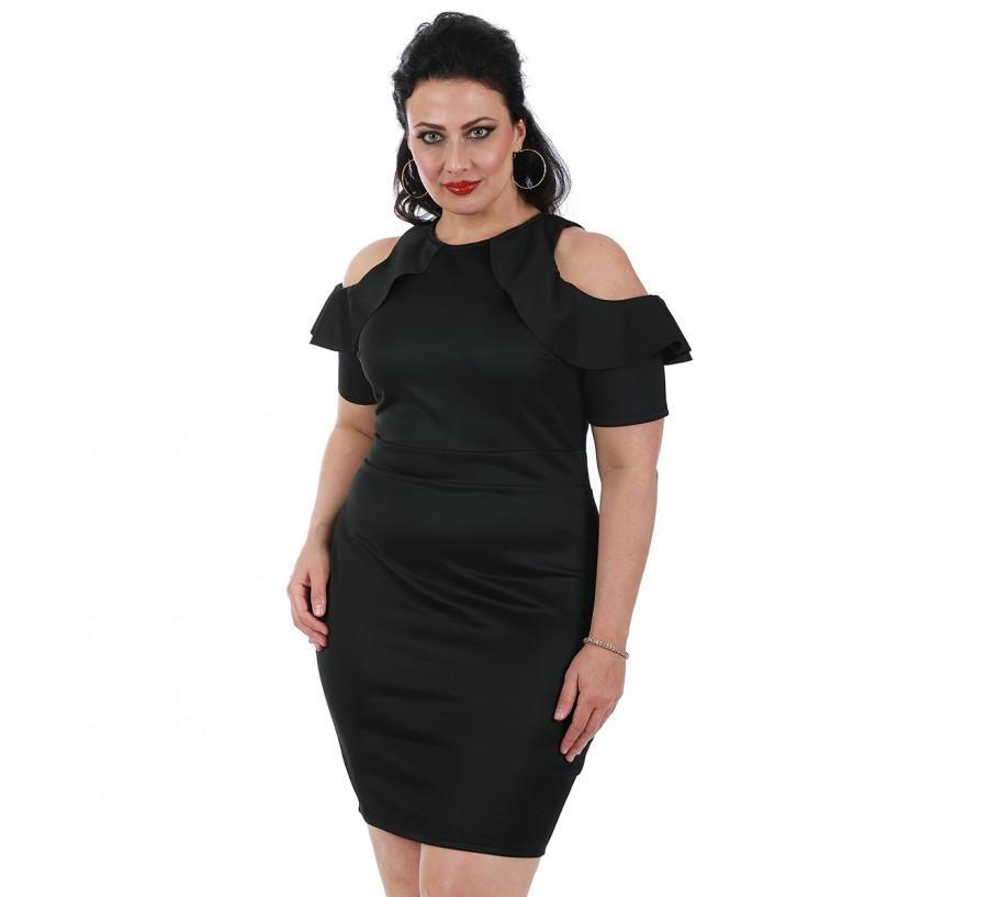 Black plus size short fashion dress for women by Scarlet Leek, featuring a flattering, curvy fit and stylish design.