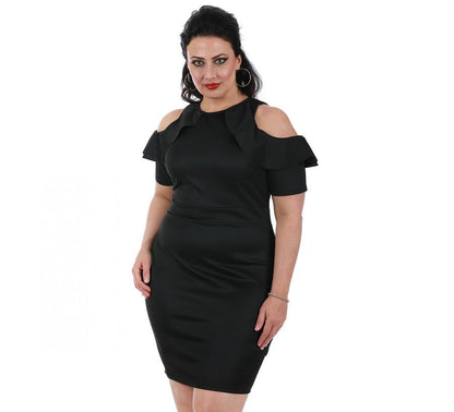 Black plus size short fashion dress for women by Scarlet Leek, featuring a flattering, curvy fit and stylish design.