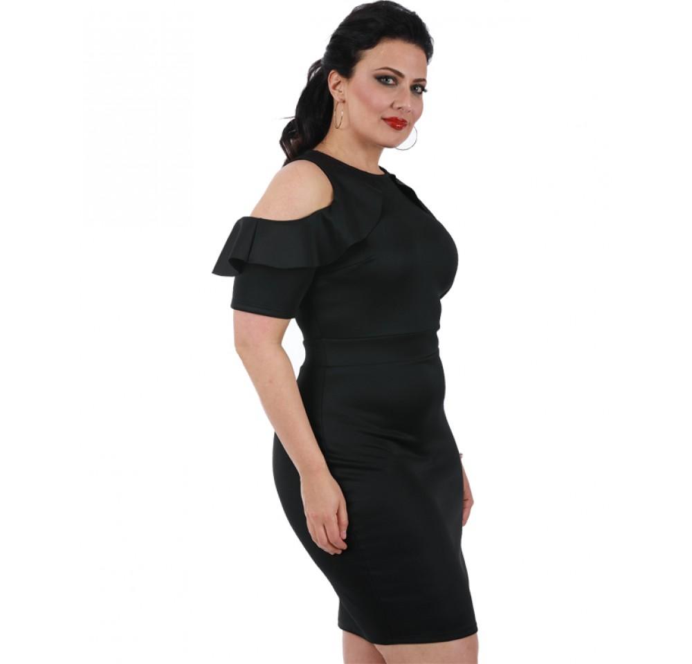 Black plus size short fashion dress for women by Scarlet Leek, featuring a flattering curve-hugging design.