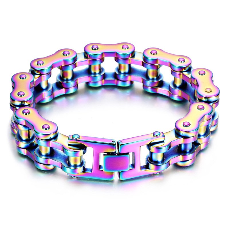 Fuchsia Molly bike chain bracelet with interlinked metal chain design on a neutral background