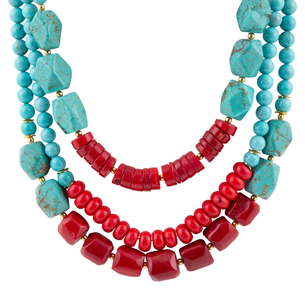 Guadalupe Blue Turquoise and Red Coral Gold Statement Necklace, jewelry with vibrant turquoise and coral beads and elegant gold accents