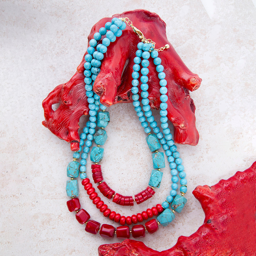 Start2Finish Guadalupe blue turquoise and red coral statement necklace with gold accents, featuring bold jewelry design.