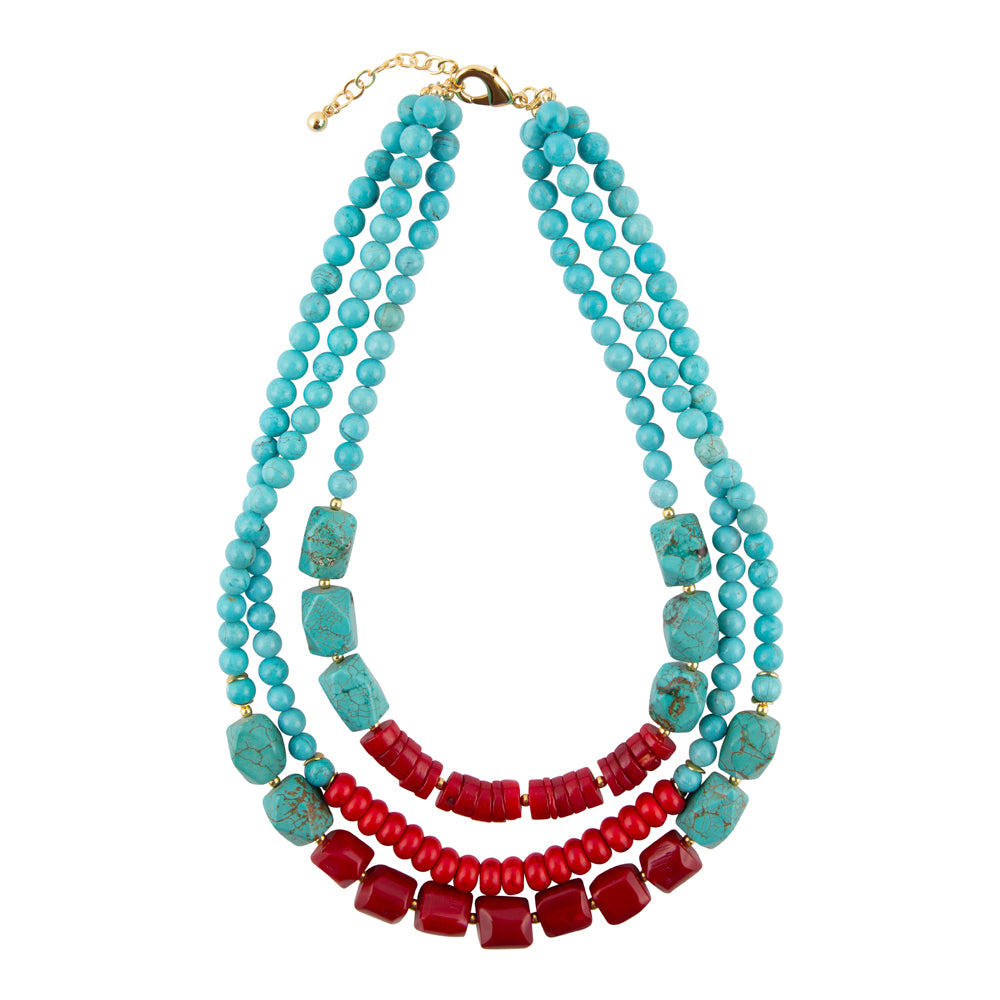Start2Finish Guadalupe blue turquoise and red coral statement necklace with gold accents, showcasing vibrant jewelry design.