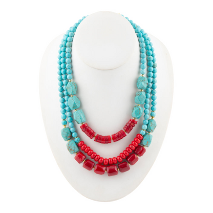Guadalupe blue turquoise and red coral gold statement necklace, jewelry with vibrant beads and intricate design, by Start2Finish.
