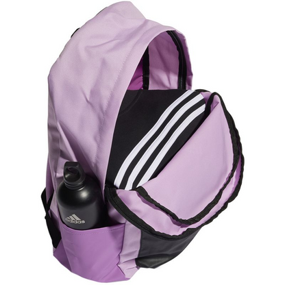 Adidas Classic Badge of Sport 3-Stripes backpack with large logo, adjustable shoulder straps, and multiple compartments.