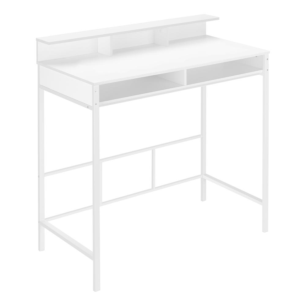 Start2Finish computer desk for home office with standing height, storage shelves, and space for laptop work setup.