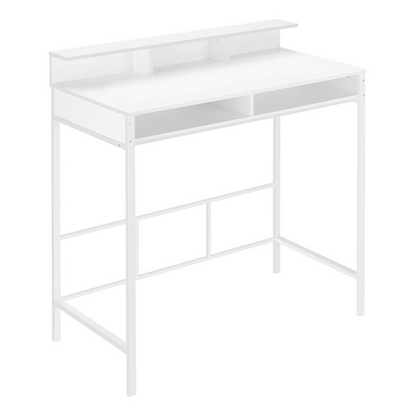 Start2Finish computer desk for home office with standing height, storage shelves, and space for laptop work setup.