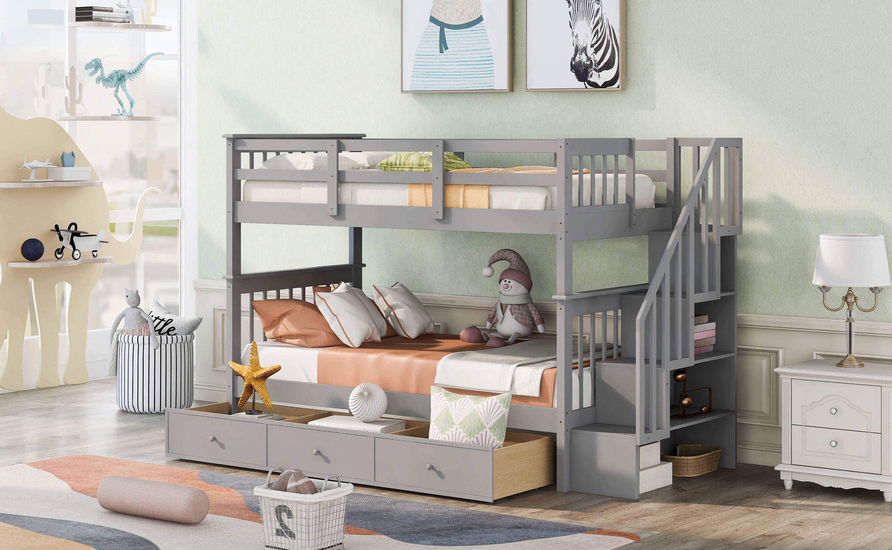 Sangria Beech twin-over-twin bunk bed with three storage drawers, sturdy wood furniture for bedroom or dorm room.