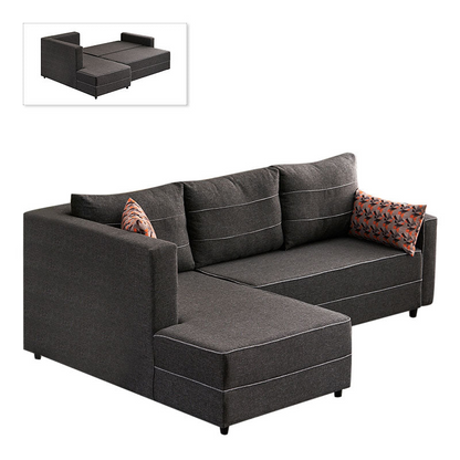 Left corner sofa bed in anthracite fabric, Start2Finish Bali model, measuring 242x160x88cm, with plush cushions and modern design.