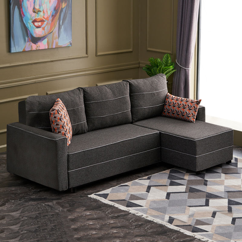Right corner sofa bed in anthracite fabric, Start2Finish Burma model, measuring 242x150x88cm, with plush cushions and modern design.
