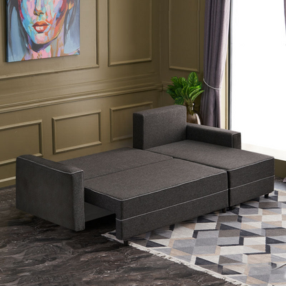 Right corner sofa bed in anthracite fabric, Start2Finish Burma furniture with 242x150x88cm dimensions, showing a modern living room setup.