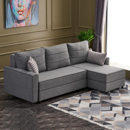 Grey right corner sofa bed from Start2Finish, measuring 242x150x88cm, shown in a modern furniture setting.