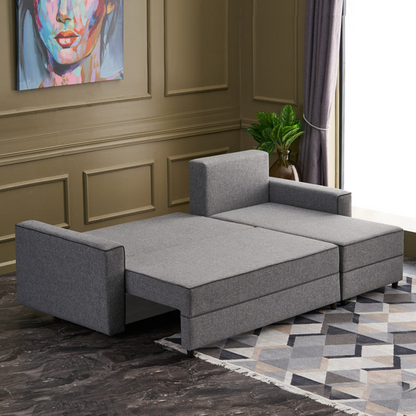 Start2Finish Burma grey corner sofa bed in right corner position, showing plush upholstery and compact design.
