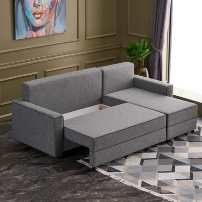 Grey right corner sofa bed in 242x150x88cm size from Start2Finish, featuring plush cushions and a sleek modern design.
