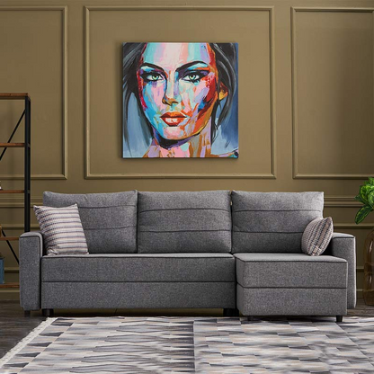 Start2Finish Burma grey right corner sofa bed with plush cushions and wooden legs, measuring 242x150x88cm.