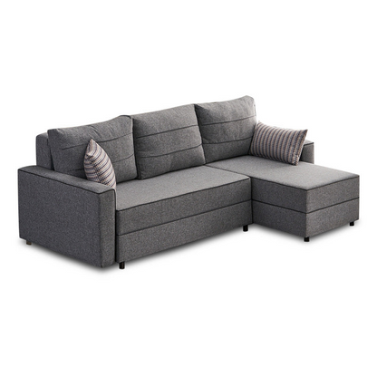 Start2Finish Burma grey right corner sofa bed with clean lines, measuring 242x150x88cm, featuring plush cushions and modern design.