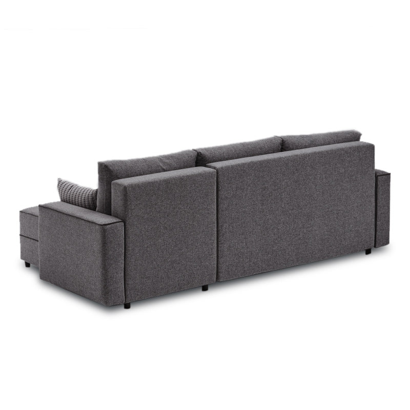 Grey right corner sofa bed with clean lines, measuring 242x150x88cm, from Start2Finish, featuring plush cushions and modern design.