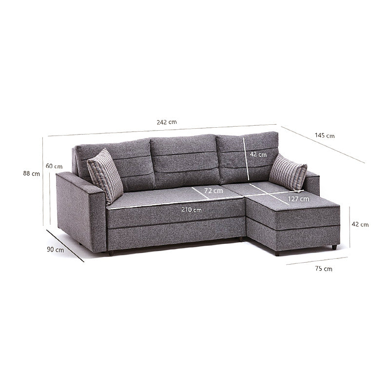 Right corner sofa bed in grey with wooden legs, measuring 242x150x88cm, from Start2Finish&