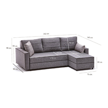 Right corner sofa bed in grey with wooden legs, measuring 242x150x88cm, from Start2Finish&